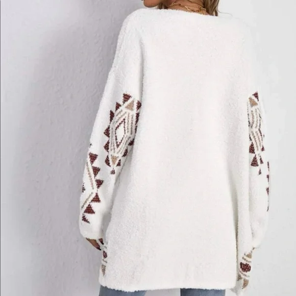 Boho Aztec Geo Knit Open Front Cardigan Sweater - Picture 3 of 5